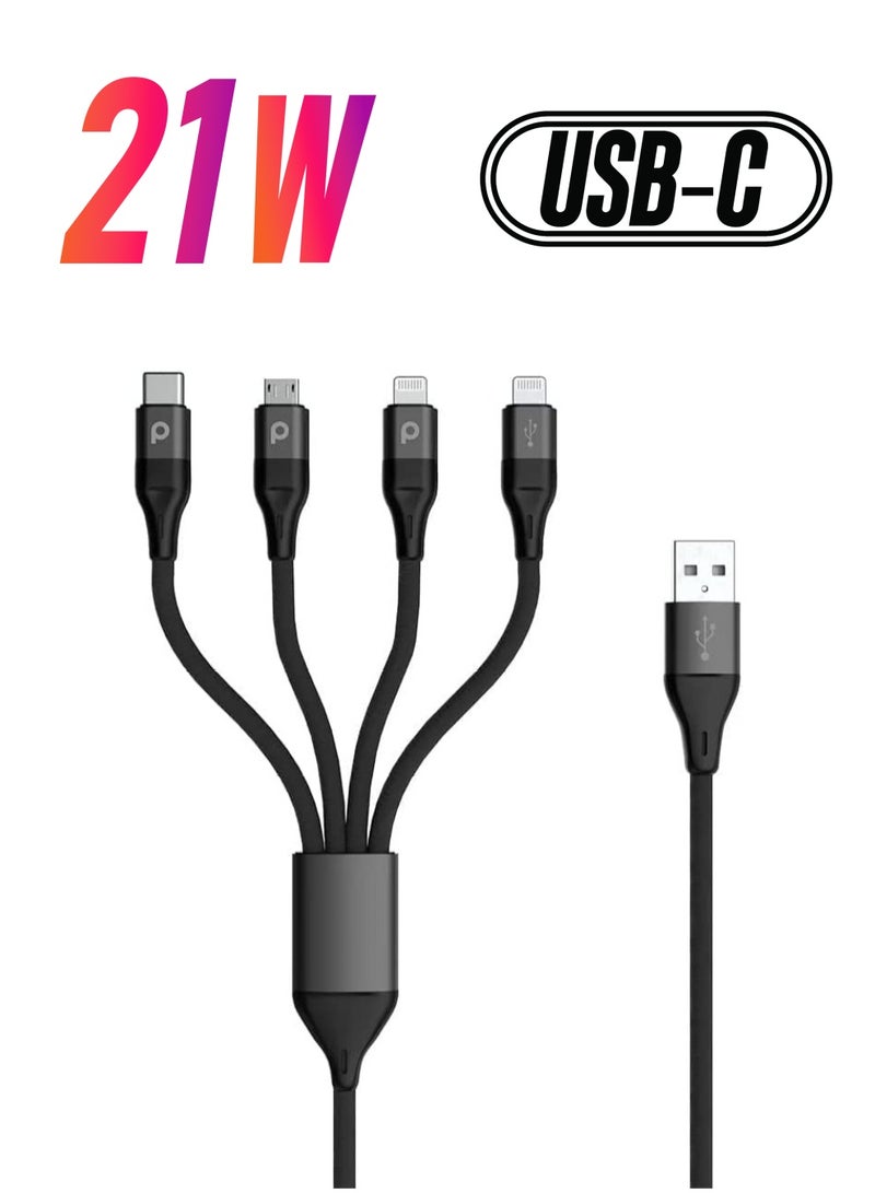 4 in 1 Aluminum Braided Cable 1.2M 2.4A Compatible for iPhone Lightning 2X / Micro USB/Type-C Port Devices | Fast Charging Connector | Supports 9V PD Charging Cable | Durable Cord - Black - Image 1